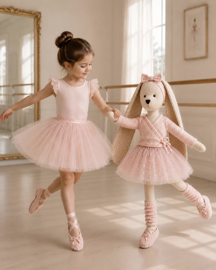 A girl in a tutu dancing hand in hand with her ballerina bunny